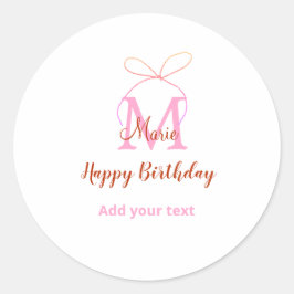 Pink glitter bow add name letter monogram birthday ラウンドシール