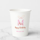 Pink glitter bow add name letter monogram birthday 紙コップ (裏面)