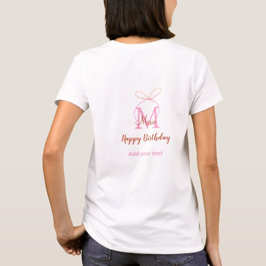 Pink glitter bow add name letter monogram birthday tシャツ (裏面)