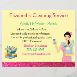 Pink Glitter Cartoon Maid House Cleaning Service  チラシ