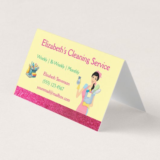 Pink Glitter Cartoon Maid House Cleaning Service  名刺 (正面)