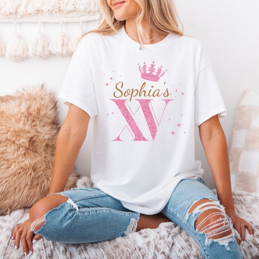 Pink Glitter Crown Mis Quince XV Quinceanera Party Tシャツ