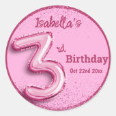 Pink glitter cute balloon no.3 girly 3rd birthday ラウンドシール (正面)