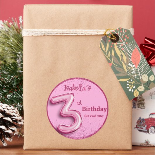 Pink glitter cute balloon no.3 girly 3rd birthday ラウンドシール (クリスマス)