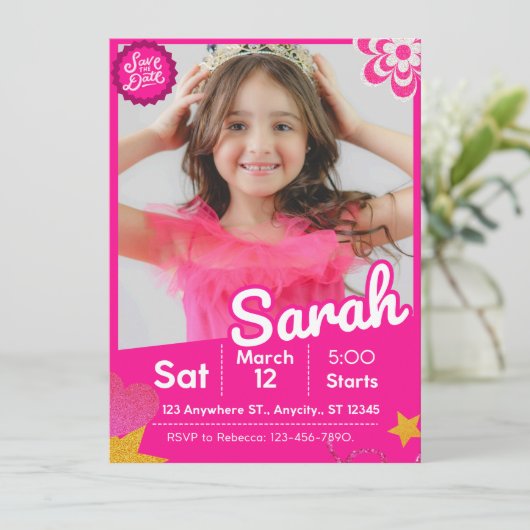 Pink Glitter Doll Inspired Birthday Invitation (スタンド正面)