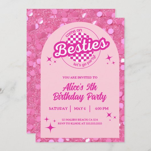 Pink Glitter Doll Themed Birthday Invitation 招待状 (正面/裏面)