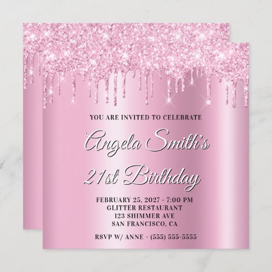 Pink Glitter Drips Shimmer Ombre Drop Shadow 招待状 (正面/裏面)