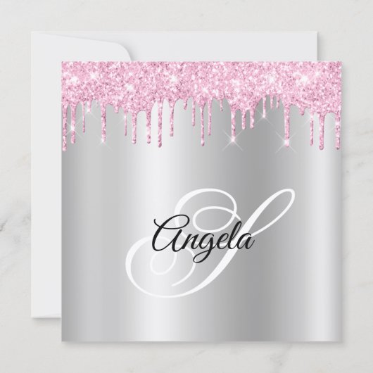 Pink Glitter Drips Silver Ombre Drop Shadow 招待状 (裏面)
