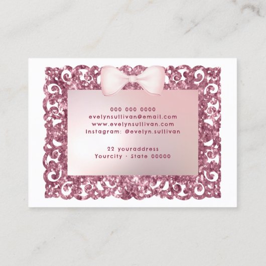 Pink glitter frame bow business card 名刺 (裏面)