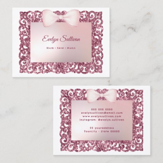 Pink glitter frame bow business card 名刺 (正面/裏面)