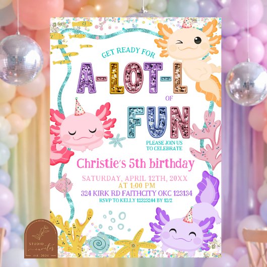 Pink Glitter girl Axolotl birthday invitation 招待状