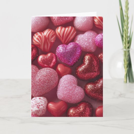 Pink Glitter Hearts Design Valentine’s Day Card カード (正面)