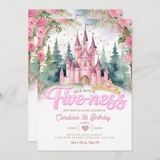 Pink Glitter Her Royal Five-ness Castle Birthday 招待状 (正面/裏面)