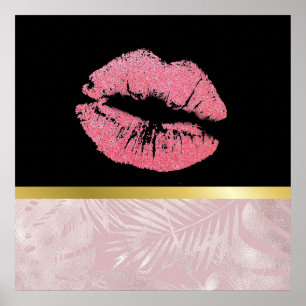 Pink Glitter Lips & Rose Gold Tropical Leaves ポスター