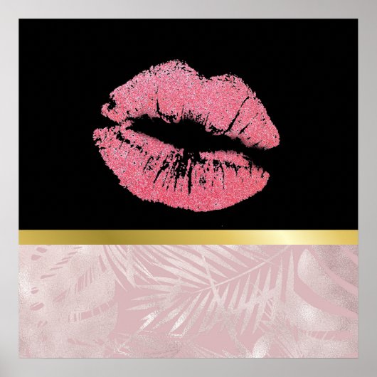 Pink Glitter Lips & Rose Gold Tropical Leaves ポスター (正面)
