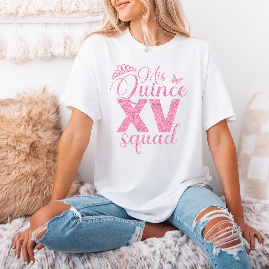 Pink Glitter Mis Quince XV Squad Quinceanera Party Tシャツ