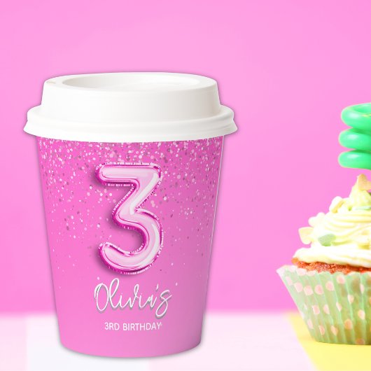 Pink Glitter Number 3 Balloon Birthday Party 紙コップ