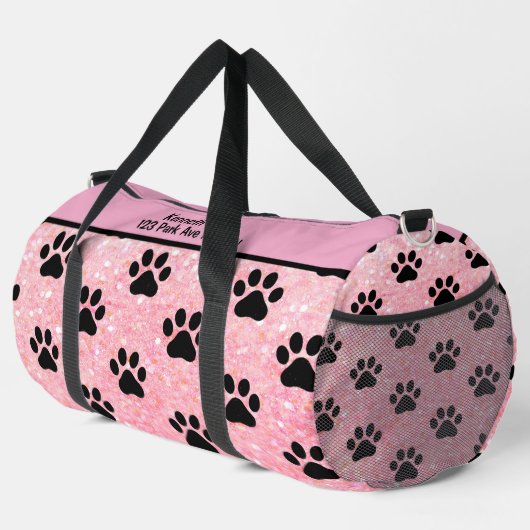 Pink Glitter Paw Print Pet monogram personalize ダッフルバッグ (右コーナー)