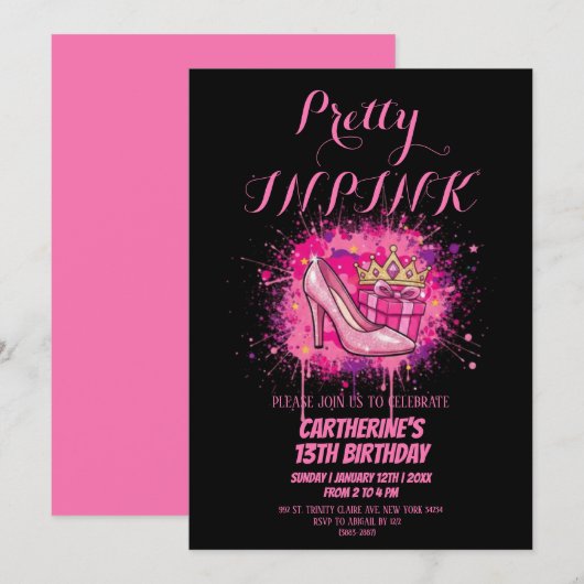 Pink Glitter Pretty in Pink Birthday Party  招待状 (正面/裏面)