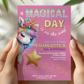 Pink Glitter rainbow unicorn 4th birthday  招待状