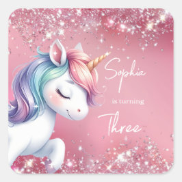 Pink Glitter Rainbow Unicorn Birthday スクエアシール