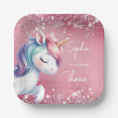 Pink Glitter Rainbow Unicorn Birthday ペーパープレート (正面)