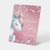 Pink Glitter Rainbow Unicorn Birthday Welcome 台座サイン (正面)