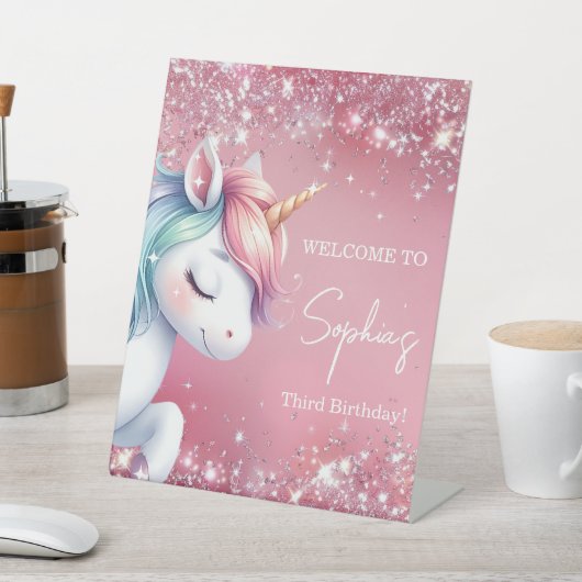 Pink Glitter Rainbow Unicorn Birthday Welcome 台座サイン (インサイチュ)
