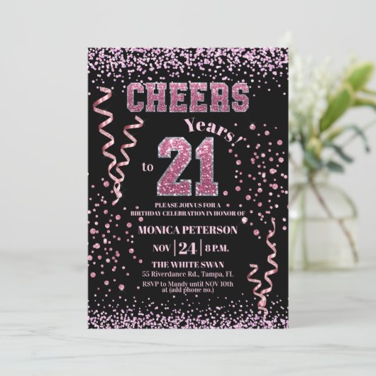Pink Glitter Rhinestones 21st Birthday Party  招待状 (スタンド正面)