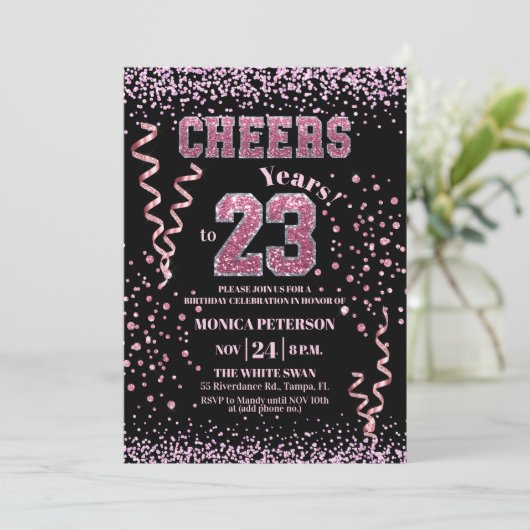 Pink Glitter Rhinestones 23rd Birthday Party  招待状 (スタンド正面)