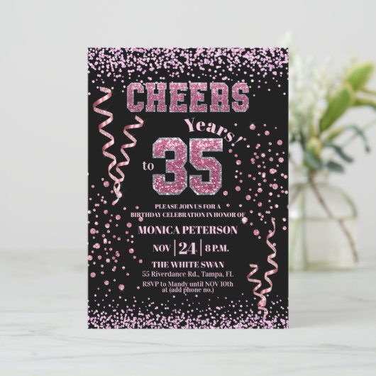 Pink Glitter Rhinestones 35th Birthday Party  招待状 (スタンド正面)