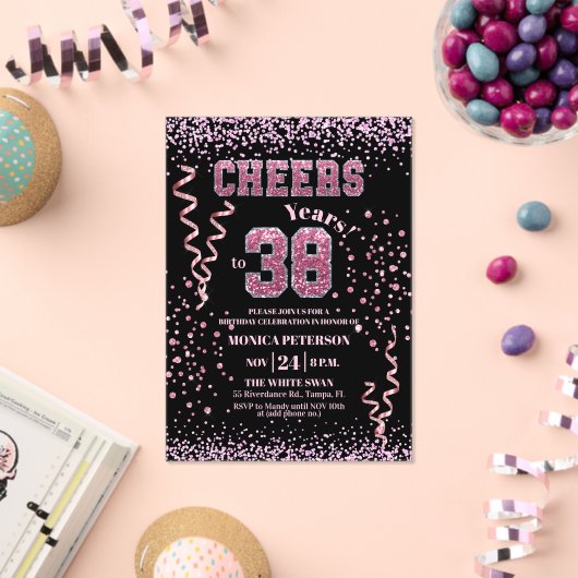 Pink Glitter Rhinestones 38th Birthday Party  アクリル招待状 (インサイチュ (お祝い))