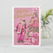 Pink Glitter Santa & Christmas Tree Holiday Card シーズンカード (スタンド正面)