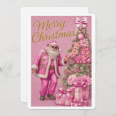 Pink Glitter Santa & Christmas Tree Holiday Card シーズンカード (正面/裏面)