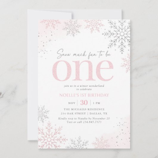 Pink Glitter Snowflake 1st Birthday 招待状 (正面)