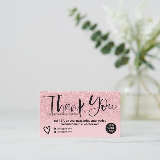 Pink glitter sparkles gradient order thank you 名刺 (スタンド正面)