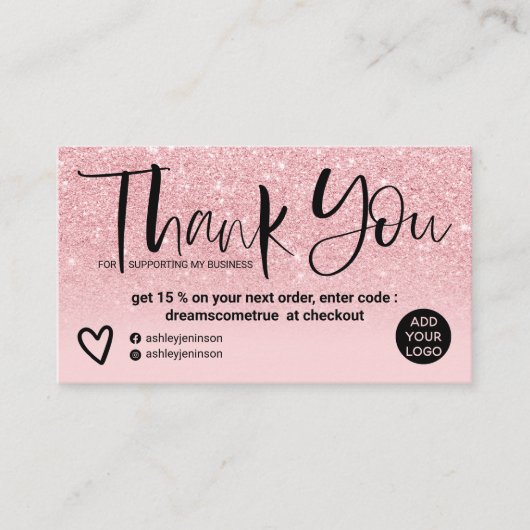 Pink glitter sparkles gradient order thank you 名刺 (正面)
