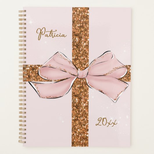 Pink Glitter Stripes & Bow Personalized Planner プランナー手帳 (正面)