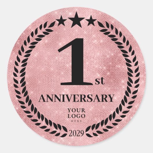  Pink Glitter Style 1st Anniversary Business Logo ラウンドシール (正面)