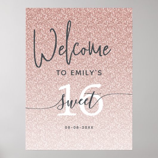 Pink Glitter Sweet 16 Welcome Sign Poster ポスター (正面)