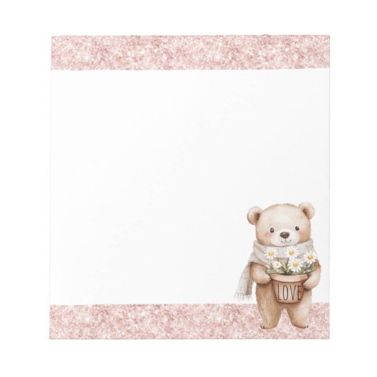 Pink Glitter Sweet Bear Daisy Flowers ノートパッド (正面)