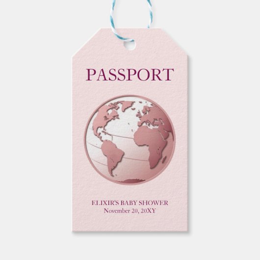Pink Globe Passport Travel Baby Shower ギフトタグ (正面)