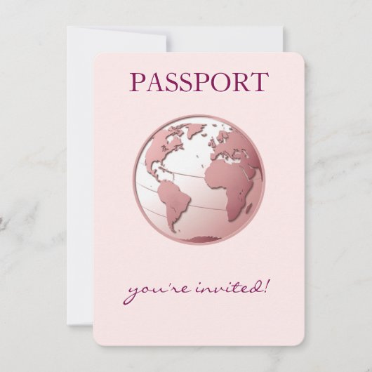 Pink Globe Passport Travel Baby Shower サンキューカード (正面)