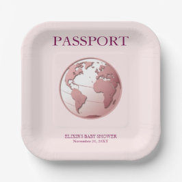 Pink Globe Passport Travel Baby Shower ペーパープレート