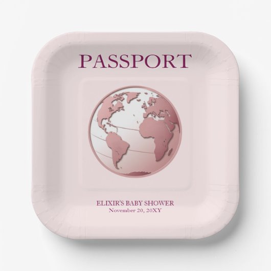 Pink Globe Passport Travel Baby Shower ペーパープレート (正面)