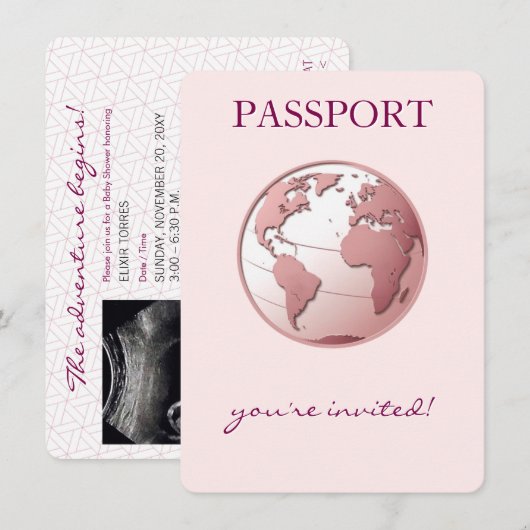 Pink Globe Passport Travel Baby Shower 招待状 (正面/裏面)