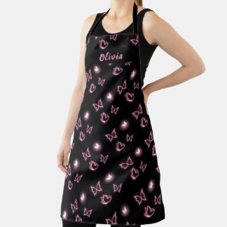 Pink Glow Butterfly Heart Pattern Apron エプロン