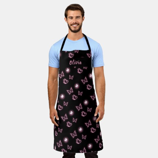 Pink Glow Butterfly Heart Pattern Apron エプロン (着用した状態)