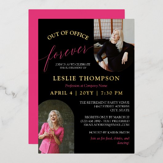 Pink Gold 2 Photos Out of Office Retirement Party 箔招待状 (正面/裏面)