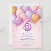 Pink Gold 6th Birthday  Girl Invitation 招待状 (正面)